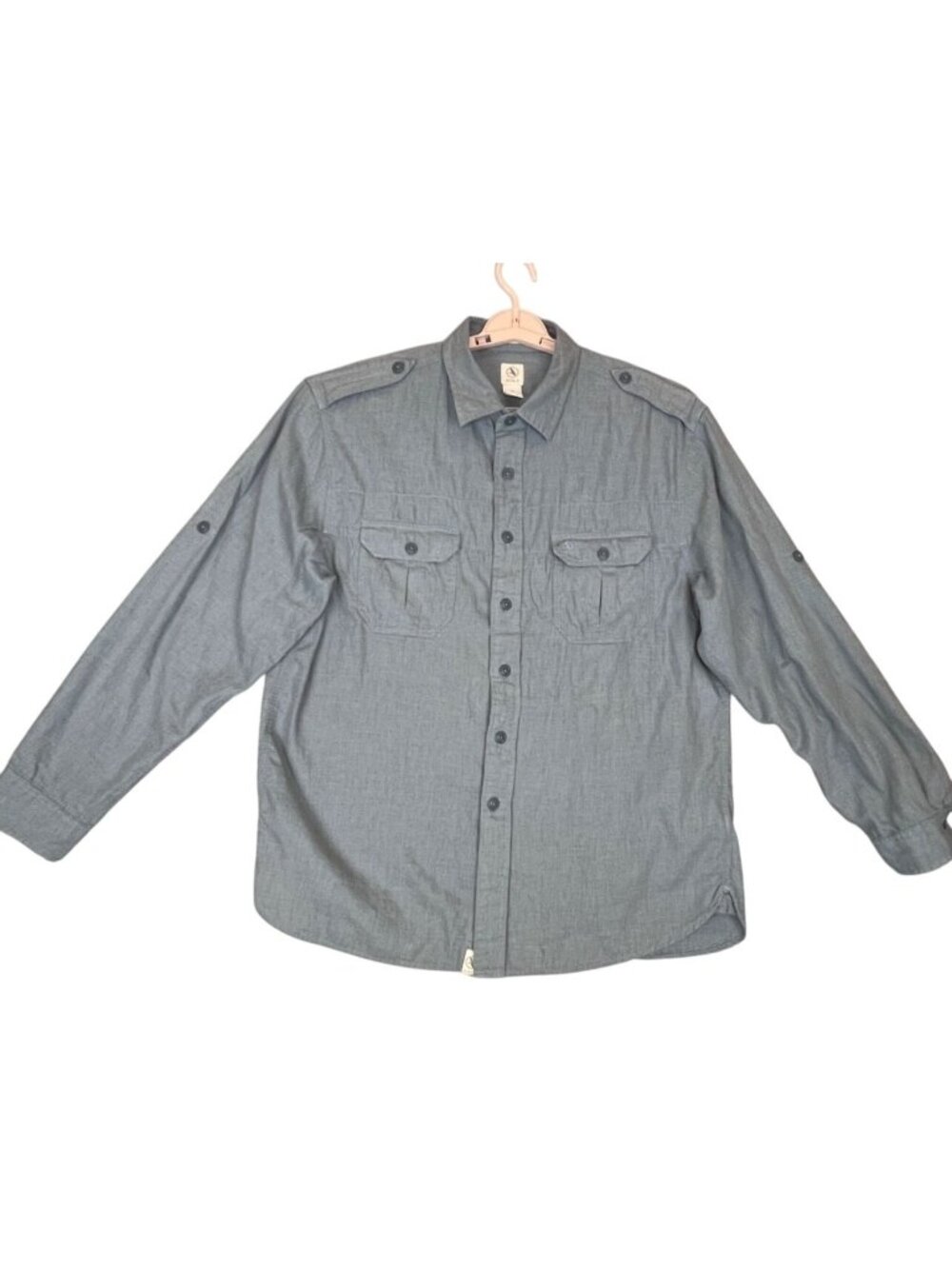 Men XL Gray Shirt Roll-Tab Long Sleeve Button Up Utility Pockets Outdoor Travel